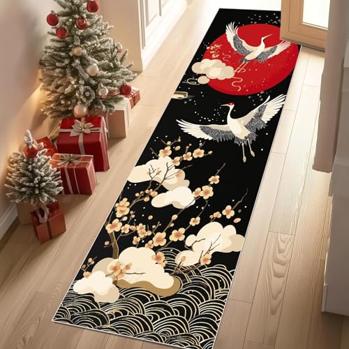 Jijliczc Mandschurenkranich Sonne Teppich Flur Läufer Wolken Blumen Anlage Wellen Teppichläufer Küchenläufer 80 X 250 cm Carpet rutschfest Waschbar für Bettvorleger Flur Küche Waschküche von Jijliczc