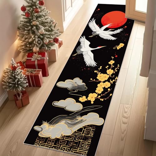 Jijliczc Mandschurenkranich Sonne Teppich Läufer rutschfest Waschbar 80x300 cm, Wolken Blumen Anlage Flurteppich Küchenteppich Teppichläufer für Bettvorleger Wohnraum Flur Waschküche von Jijliczc