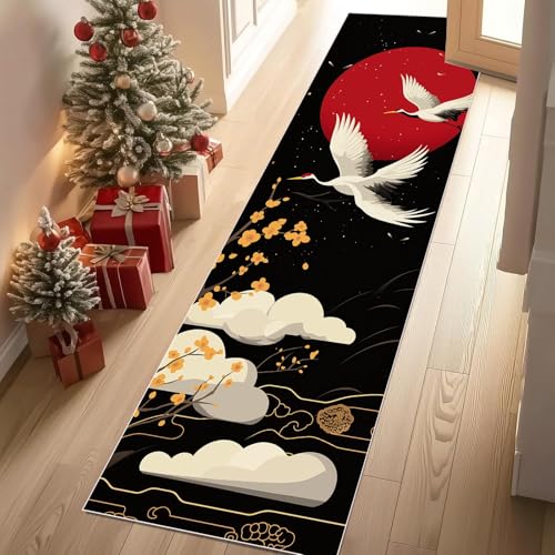Jijliczc Mandschurenkranich Sonne Teppichläufer rutschfest Waschbar 60x210 cm, Wolken Blumen Anlage Küchenteppich Flurteppich Teppich Läufer für Flur, Eingangsbereich, Küche, Wohnzimmer von Jijliczc