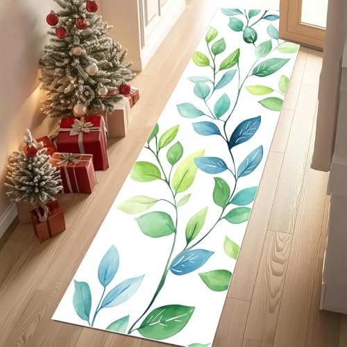 Jijliczc Modern Anlage Blatt Teppich Läufer 60x150 cm Einfachheit Pflanzendrucke Teppiche rutschfest Waschbar Bettumrandung Schlafzimmer, Teppichläufer für Küche, Flur, Eingangsbereich von Jijliczc