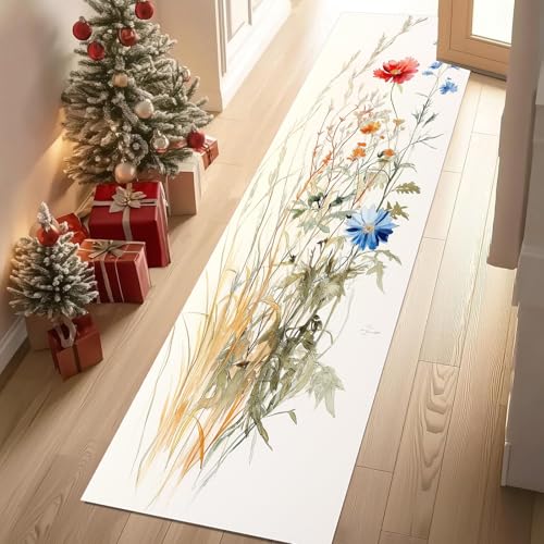 Jijliczc Modern Blumen Anlage Teppich Läufer 60x150 cm Einfachheit Blumenmuster Teppiche rutschfest Waschbar Bettumrandung Schlafzimmer, Teppichläufer für Küche, Flur, Eingangsbereich von Jijliczc
