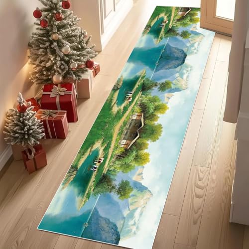 Jijliczc Modern Natur Landschaft Teppich Läufer rutschfest Waschbar 66x300 cm, Fluss Berg Haus Flurteppich Küchenteppich Teppichläufer für Bettvorleger Wohnraum Flur Waschküche von Jijliczc