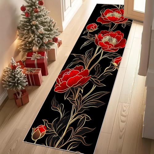 Jijliczc Modern Pfingstrose Blumen Teppich Flur Läufer 60 x 240 cm Blumenmuster Pflanzendrucke Teppichläufer Küchenläufer Teppiche rutschfest Waschbar für Bettvorleger Flur Küche Waschküche von Jijliczc