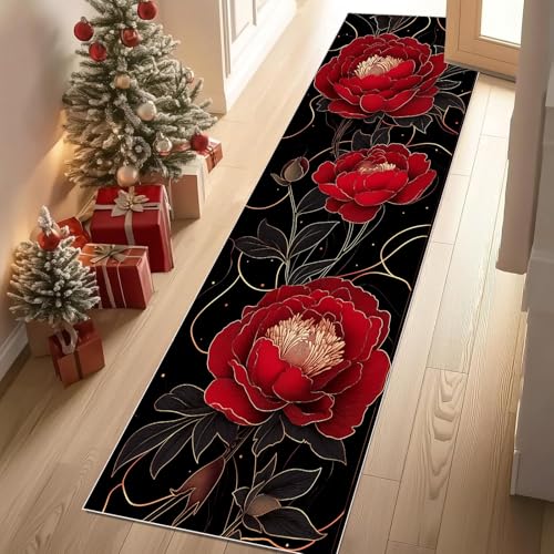 Jijliczc Modern Pfingstrose Blumen Teppich Läufer 60x150 cm Blumenmuster Pflanzendrucke Teppiche rutschfest Waschbar Bettumrandung Schlafzimmer, Teppichläufer für Küche, Flur, Eingangsbereich von Jijliczc