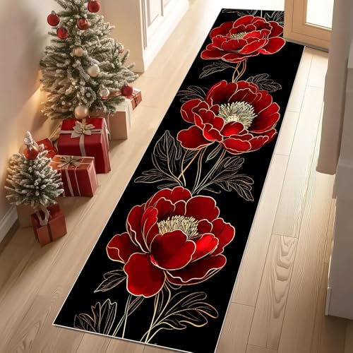 Jijliczc Modern Pfingstrose Blumen Teppich Läufer rutschfest Waschbar 80x200 cm, Blumenmuster Pflanzendrucke Flurteppich Küchenteppich Teppichläufer für Bettvorleger Wohnraum Flur Waschküche von Jijliczc