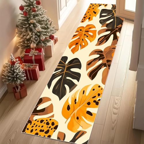 Jijliczc Monstera Tropische Anlage Teppich Flur Läufer Abstrakt Pflanzendrucke Teppichläufer Küchenläufer 80 X 250 cm Carpet rutschfest Waschbar für Bettvorleger Flur Küche Waschküche von Jijliczc