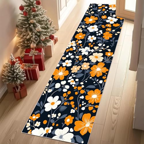 Jijliczc Niedlich Blumen Anlage Teppich Flur Läufer Blumenmuster Pflanzendrucke Teppichläufer Küchenläufer Carpet rutschfest Waschbar für Bettvorleger Flur Küche Waschküche 80x180 cm von Jijliczc