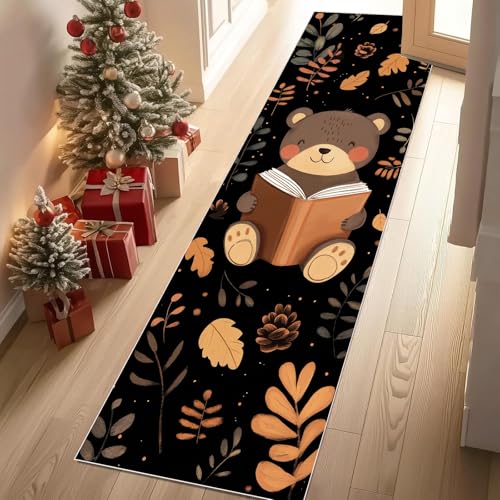 Jijliczc Niedlich Braunbär Tannenzapfen Teppich Flur Läufer 60 x 240 cm Karikatur Buch Anlage Blatt Teppichläufer Küchenläufer Teppiche rutschfest Waschbar für Bettvorleger Flur Küche Waschküche von Jijliczc