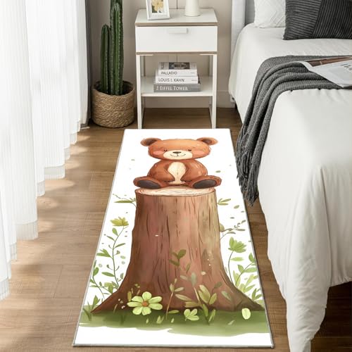 Jijliczc Niedlich Braunbär Tier Teppich Läufer rutschfest Waschbar 80x150 cm, Baum Blumen Anlage Flurteppich Küchenteppich Teppichläufer für Bettvorleger Wohnraum Flur Waschküche von Jijliczc