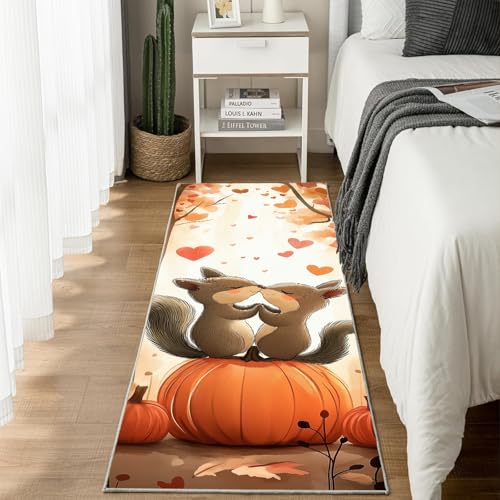 Jijliczc Niedlich Eichhörnchen Teppichläufer rutschfest Waschbar 60x180 cm, Herbst Kürbis Tier Küchenteppich Flurteppich Teppich Läufer für Flur, Eingangsbereich, Küche, Wohnzimmer von Jijliczc
