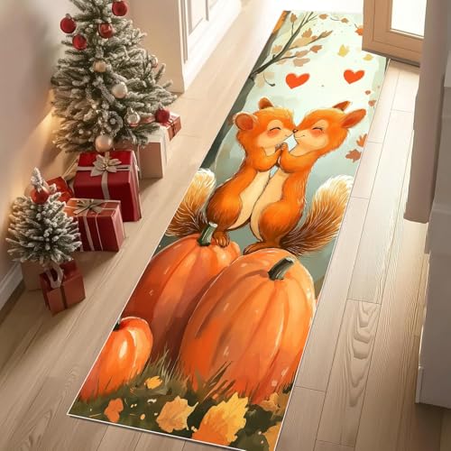 Jijliczc Niedlich Eichhörnchen Tier Teppichläufer rutschfest Waschbar 60x210 cm, Herbst Kürbis Ahornblatt Küchenteppich Flurteppich Teppich Läufer für Flur, Eingangsbereich, Küche, Wohnzimmer von Jijliczc