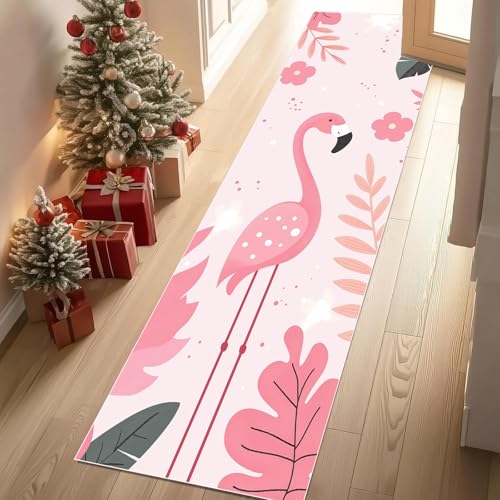 Jijliczc Niedlich Flamingo Tier Teppich Läufer rutschfest Waschbar 80x300 cm, Tropische Blumen Anlage Flurteppich Küchenteppich Teppichläufer für Bettvorleger Wohnraum Flur Waschküche von Jijliczc