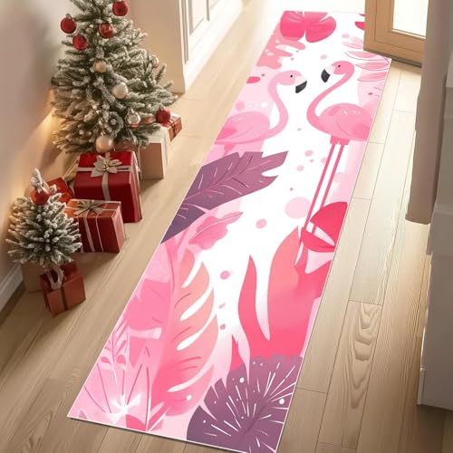 Jijliczc Niedlich Flamingo Tier Teppich Läufer rutschfest Waschbar 80x300 cm, Tropische Blumen Anlage Flurteppich Küchenteppich Teppichläufer für Bettvorleger Wohnraum Flur Waschküche von Jijliczc