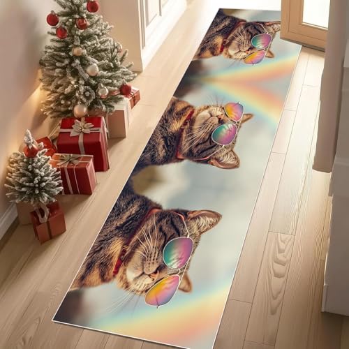 Jijliczc Niedlich Katze Kind Teppich Läufer rutschfest Waschbar 66x300 cm, interessant Haustier Regenbogen Flurteppich Küchenteppich Teppichläufer für Bettvorleger Wohnraum Flur Waschküche von Jijliczc