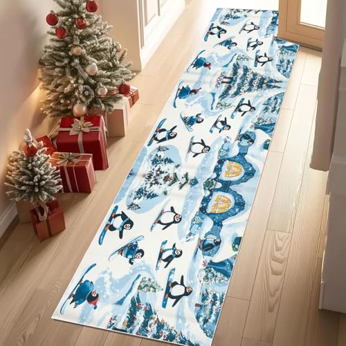 Jijliczc Niedlich Pinguin Kind Teppich Läufer rutschfest Waschbar Karikatur Winter Haus Flurteppich Küchenteppich 80x240 cm, Teppichläufer für Bettvorleger Wohnraum Flur Waschküche von Jijliczc