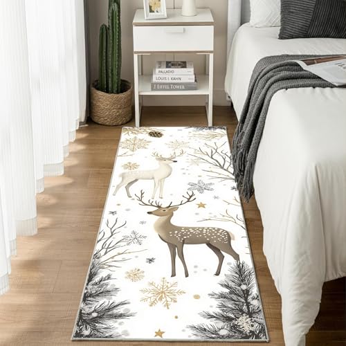 Jijliczc Niedlich REH Tier Teppich Läufer 60x120 cm Schneeflocke Kiefer Carpet rutschfest Waschbar Bettumrandung Schlafzimmer, Teppichläufer für Küche, Flur, Eingangsbereich von Jijliczc