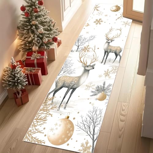 Jijliczc Niedlich REH Tierwelt Teppich Läufer 60x150 cm Weihnachten Schneeflocke Teppiche rutschfest Waschbar Bettumrandung Schlafzimmer, Teppichläufer für Küche, Flur, Eingangsbereich von Jijliczc