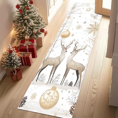 Jijliczc Niedlich REH Tierwelt Teppich Läufer Flur Weihnachten Schneeflocke Teppichläufer Küchenläufer Carpet rutschfest Waschbar für Bettvorleger Flur Küche Waschküche 80x180 cm von Jijliczc