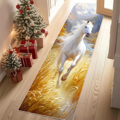 Jijliczc Pferd Bauernhof Tier Teppich Flur Läufer Weizenfeld Landschaft Teppichläufer Küchenläufer Carpet rutschfest Waschbar für Bettvorleger Flur Küche Waschküche 80x100 cm von Jijliczc