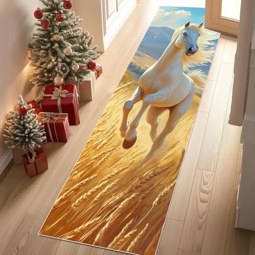 Jijliczc Pferd Bauernhof Tier Teppich Läufer rutschfest Waschbar 66x300 cm, Weizenfeld Landschaft Flurteppich Küchenteppich Teppichläufer für Bettvorleger Wohnraum Flur Waschküche von Jijliczc