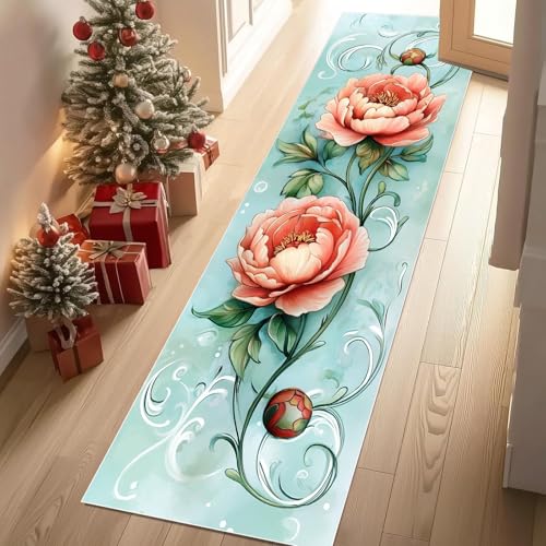 Jijliczc Pfingstrose Blumen Teppich Läufer rutschfest Waschbar 66x300 cm, Anlage Blumenmuster Flurteppich Küchenteppich Teppichläufer für Bettvorleger Wohnraum Flur Waschküche von Jijliczc