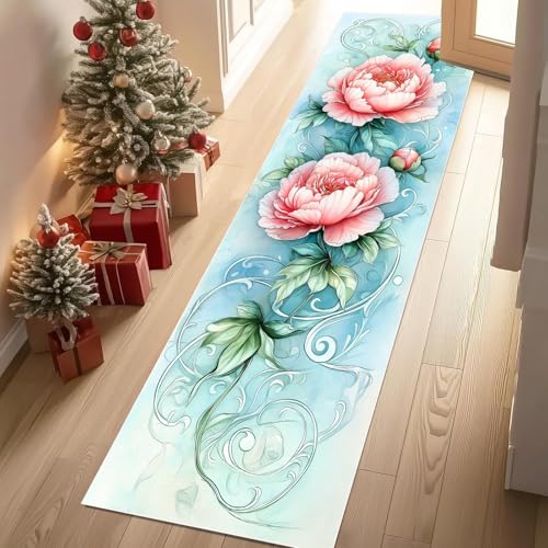 Jijliczc Pfingstrose Blumen Teppich Läufer rutschfest Waschbar 66x300 cm, Anlage Blumenmuster Flurteppich Küchenteppich Teppichläufer für Bettvorleger Wohnraum Flur Waschküche von Jijliczc