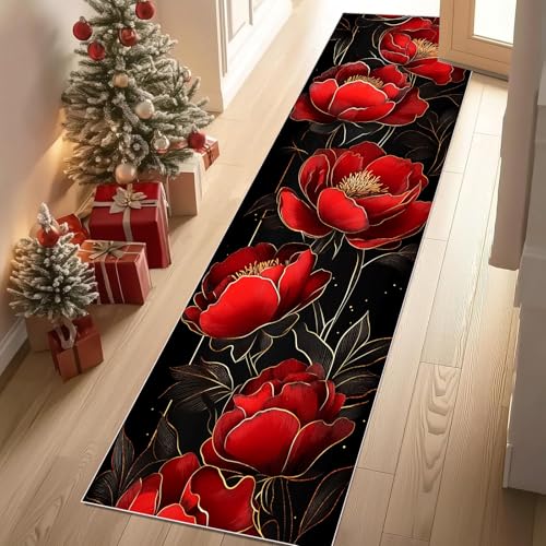 Jijliczc Pfingstrose Blumen Teppich Läufer rutschfest Waschbar 66x300 cm, Blumenmuster Pflanzendrucke Flurteppich Küchenteppich Teppichläufer für Bettvorleger Wohnraum Flur Waschküche von Jijliczc