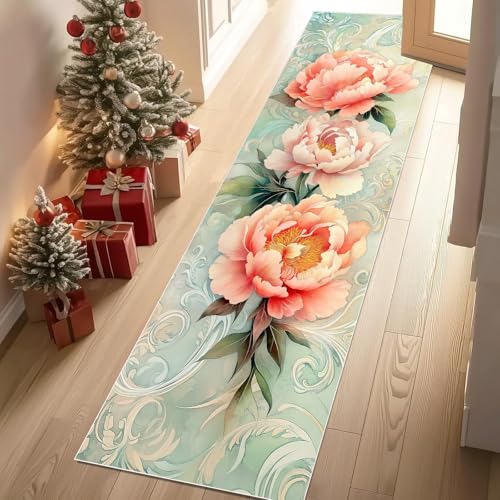 Jijliczc Pfingstrose Blumen Teppich Läufer rutschfest Waschbar 80x200 cm, Anlage Blumenmuster Flurteppich Küchenteppich Teppichläufer für Bettvorleger Wohnraum Flur Waschküche von Jijliczc