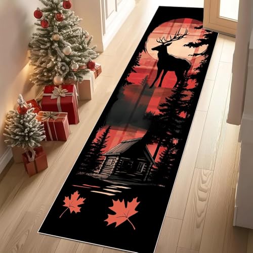 Jijliczc REH Haus Ahornblatt Teppich Läufer rutschfest Waschbar 80x300 cm, Mond Retro ländlich Baum rot Flurteppich Küchenteppich Teppichläufer für Bettvorleger Wohnraum Flur Waschküche von Jijliczc