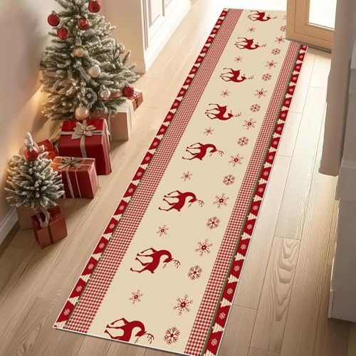 Jijliczc REH Schneeflocke Baum Teppichläufer rutschfest Waschbar 60x210 cm, Weihnachten Geometrie Küchenteppich Flurteppich Teppich Läufer für Flur, Eingangsbereich, Küche, Wohnzimmer von Jijliczc