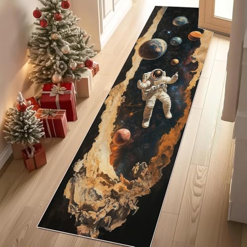 Jijliczc Raum Astronaut Planet Teppich Flur Läufer 3D Wand Riss Drucken Teppichläufer Küchenläufer 80 X 250 cm Carpet rutschfest Waschbar für Bettvorleger Flur Küche Waschküche von Jijliczc