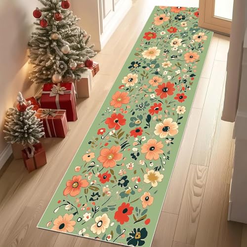 Jijliczc Retro Blumen Anlage Teppich Läufer rutschfest Waschbar 80x200 cm, Blumenmuster Pflanzendrucke Flurteppich Küchenteppich Teppichläufer für Bettvorleger Wohnraum Flur Waschküche von Jijliczc