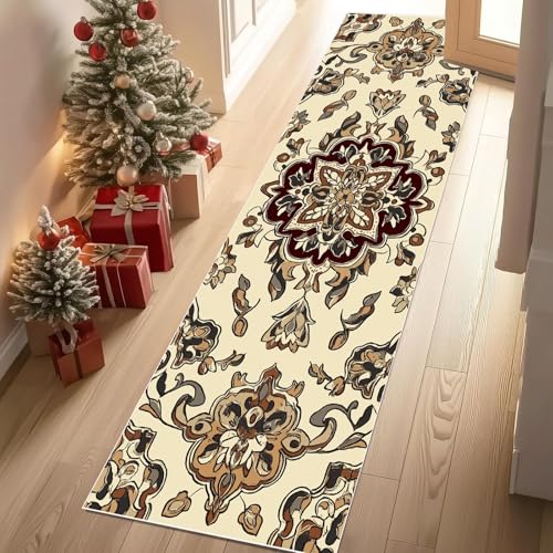 Jijliczc Retro Blumen Anlage Teppichläufer rutschfest Waschbar 60x210 cm, ländlich Tradition Stamm Küchenteppich Flurteppich Teppich Läufer für Flur, Eingangsbereich, Küche, Wohnzimmer von Jijliczc