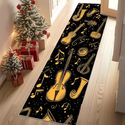 Jijliczc Retro Gitarre Musikinstrumente Teppich Läufer 60x120 cm Musik Notiz Drucken Carpet rutschfest Waschbar Bettumrandung Schlafzimmer, Teppichläufer für Küche, Flur, Eingangsbereich von Jijliczc