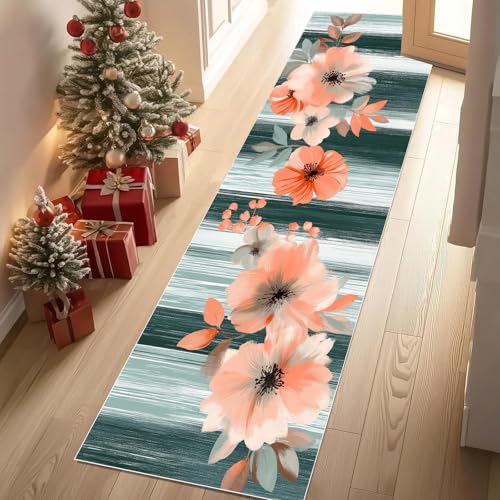Jijliczc Retro Malerei Blumen Teppich Läufer rutschfest Waschbar 80x300 cm, Blumenmuster Drucken Flurteppich Küchenteppich Teppichläufer für Bettvorleger Wohnraum Flur Waschküche von Jijliczc