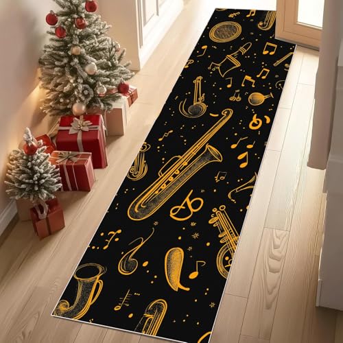 Jijliczc Retro Musikinstrumente Teppich Läufer rutschfest Waschbar 80x150 cm, Musik Notiz Drucken Flurteppich Küchenteppich Teppichläufer für Bettvorleger Wohnraum Flur Waschküche von Jijliczc