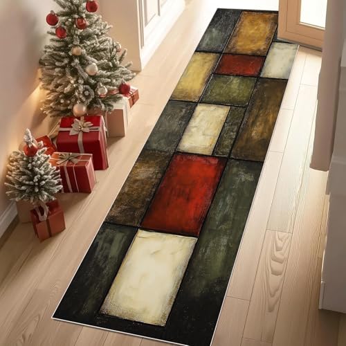 Jijliczc Retro Patchwork Plaid Teppich Flur Läufer Geometrie Netz Malerei Teppichläufer Küchenläufer Carpet rutschfest Waschbar für Bettvorleger Flur Küche Waschküche 66x213 cm von Jijliczc