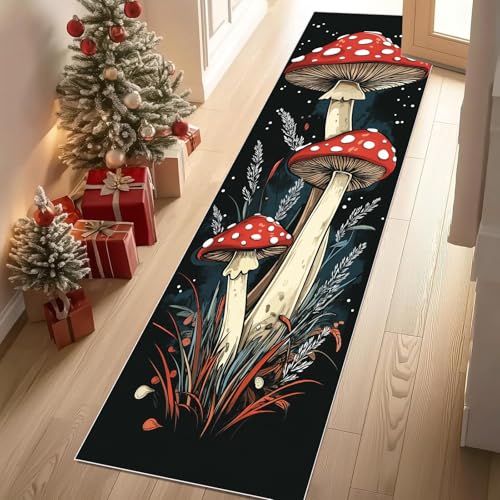 Jijliczc Retro Pilz Anlage Teppich Läufer rutschfest Waschbar 80x300 cm, Tropische Dschungel Pflanzendrucke Flurteppich Küchenteppich Teppichläufer für Bettvorleger Wohnraum Flur Waschküche von Jijliczc