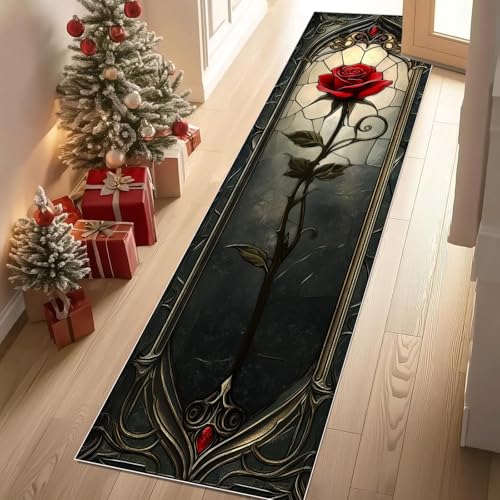 Jijliczc Retro Rosen Blumen Teppich Läufer rutschfest Waschbar Romantisch Anlage Blumenmuster Flurteppich Küchenteppich 80x240 cm, Teppichläufer für Bettvorleger Wohnraum Flur Waschküche von Jijliczc
