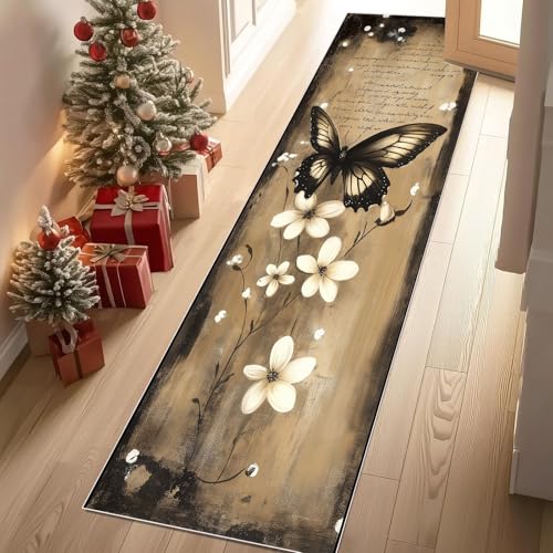 Jijliczc Retro Schmetterling Insekten Teppich Flur Läufer Blumen Anlage Teppichläufer Küchenläufer Carpet rutschfest Waschbar für Bettvorleger Flur Küche Waschküche 80x100 cm von Jijliczc