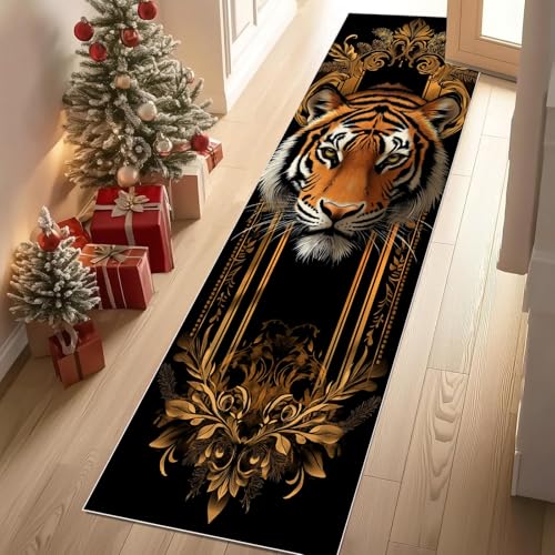 Jijliczc Retro Tiger Tier Teppich Flur Läufer 60 x 240 cm Luxuriös Anlage Blatt Teppichläufer Küchenläufer Teppiche rutschfest Waschbar für Bettvorleger Flur Küche Waschküche von Jijliczc
