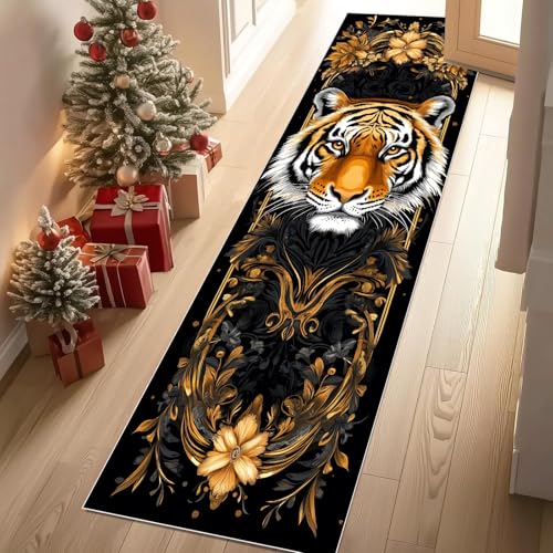 Jijliczc Retro Tiger Tier Teppich Flur Läufer Blumen Anlage Tierwelt Teppichläufer Küchenläufer Carpet rutschfest Waschbar für Bettvorleger Flur Küche Waschküche 66x213 cm von Jijliczc