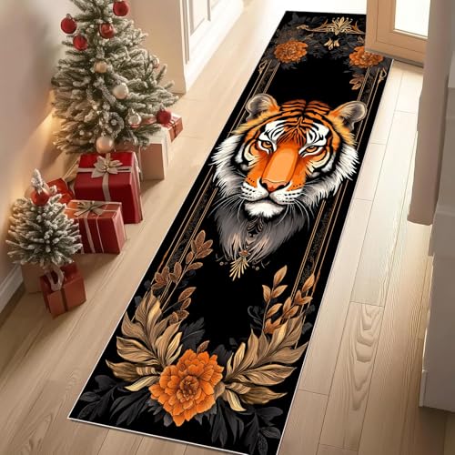 Jijliczc Retro Tiger Tier Teppichläufer rutschfest Waschbar 60x210 cm, Blumen Anlage Tierwelt Küchenteppich Flurteppich Teppich Läufer für Flur, Eingangsbereich, Küche, Wohnzimmer von Jijliczc