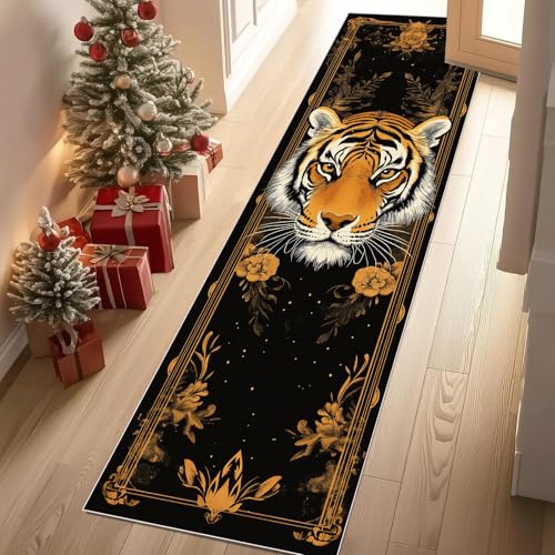 Jijliczc Retro Tiger Tier Teppichläufer rutschfest Waschbar 60x210 cm, Blumen Anlage Tierwelt Küchenteppich Flurteppich Teppich Läufer für Flur, Eingangsbereich, Küche, Wohnzimmer von Jijliczc