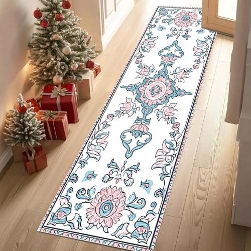 Jijliczc Retro Tradition Exotisch Teppich Läufer 60x150 cm Ländlich Blumen Anlage Teppiche rutschfest Waschbar Bettumrandung Schlafzimmer, Teppichläufer für Küche, Flur, Eingangsbereich von Jijliczc