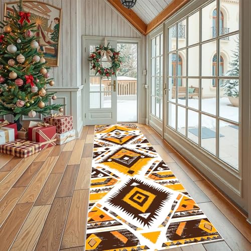 Jijliczc Retro Tradition Stamm Teppich Läufer rutschfest Waschbar 80x200 cm, Geometrie Diamant Exotisch Flurteppich Küchenteppich Teppichläufer für Bettvorleger Wohnraum Flur Waschküche von Jijliczc