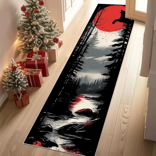 Jijliczc Retro Wolf Tierwelt Teppichläufer rutschfest Waschbar 60x210 cm, Sonne Dschungel Baum Küchenteppich Flurteppich Teppich Läufer für Flur, Eingangsbereich, Küche, Wohnzimmer von Jijliczc