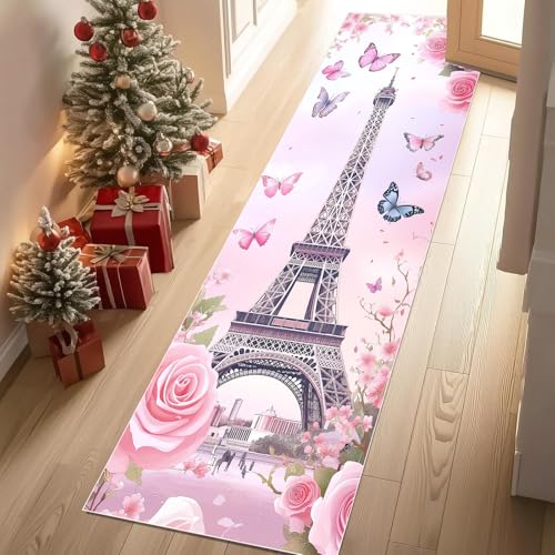 Jijliczc Romantisch Rosen Blumen Schmetterling Teppich Läufer 60x120 cm Eiffelturm Architektur Carpet rutschfest Waschbar Bettumrandung Schlafzimmer, Teppichläufer für Küche, Flur, Eingangsbereich von Jijliczc