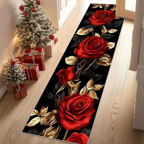 Jijliczc Romantisch Rosen Blumen Teppich Läufer rutschfest Waschbar 66x300 cm, Blumenmuster Pflanzendrucke Flurteppich Küchenteppich Teppichläufer für Bettvorleger Wohnraum Flur Waschküche von Jijliczc