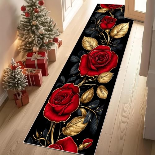 Jijliczc Romantisch Rosen Blumen Teppich Läufer rutschfest Waschbar Blumenmuster Pflanzendrucke Flurteppich Küchenteppich 80x240 cm, Teppichläufer für Bettvorleger Wohnraum Flur Waschküche von Jijliczc